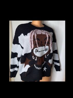 Graphic Knit Sweater with Cartoon Face - Black, White, Brown, Pink
